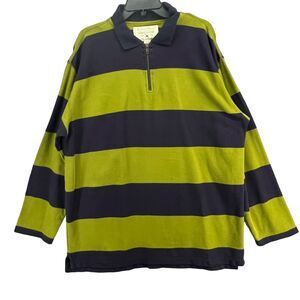 Eddie Bauer Olive Green and Black Striped Half-Zip Polo